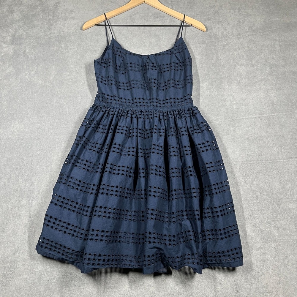 J.Crew Navy Blue Cotton Eyelet Fit and‎ Flare Dress Lined Classic Preppy Size 2